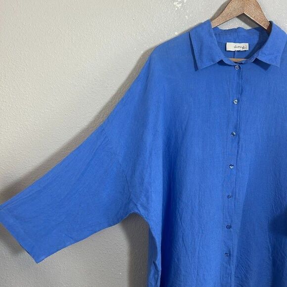 Sauths Cathy Linen Blouse XL XXL Blue Button Up Boxy Lagenlook Collar - Picture 4 of 7